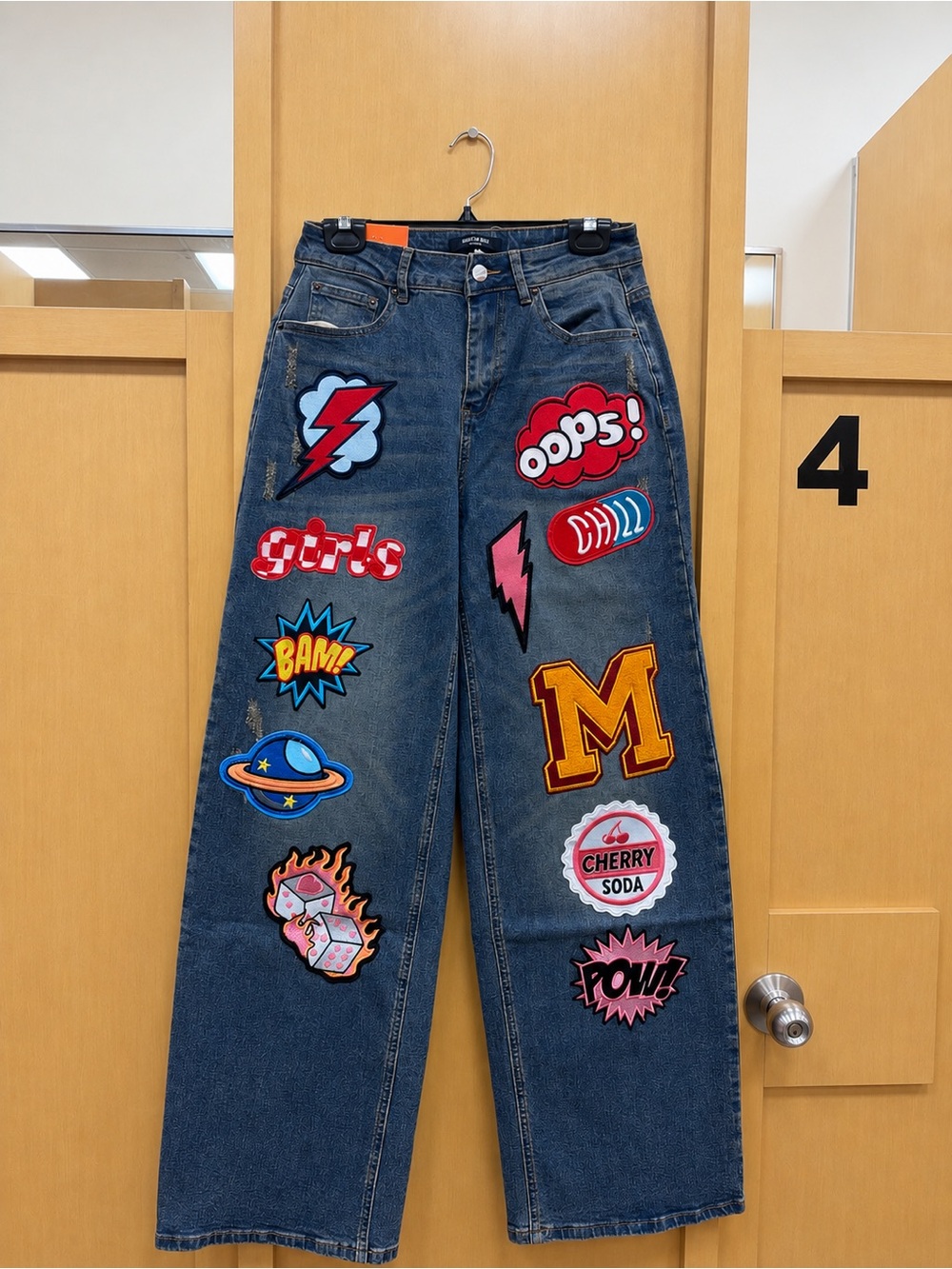 American Bazi Dark Wash Patchwork Wide-Leg Jeans with Multicolor Patches